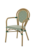 French Bistro chair. For outdoor use. Bamboo color Frame. Green/White wicker.