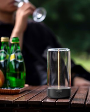 Rechargeable lamp on an outdoor café table