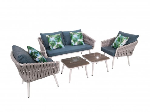 Grey Lounge Set with sofa, two chairs and two small coffeetables. With cushions