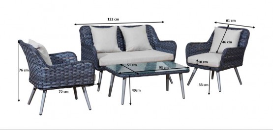 Lounge Set with sofa, two chairs and one coffeetable. With cushions. Grey wicker.