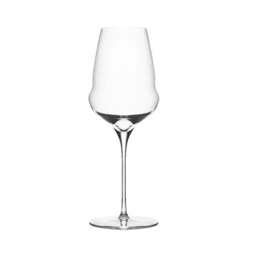 A modern, clear wine glass with an innovative shape, featuring a long stem and a uniquely curved bowl. Ideal for red or white wine, designed to enhance aroma and presentation.