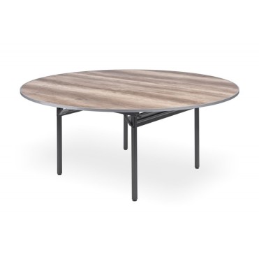 Round banquet table for hotels and restaurants. Black metal frame and tabletop in light wood. 