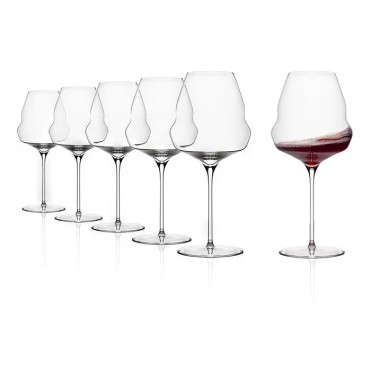 Set of six Burgundy wine glasses with a unique, elegant shape and long stems, one glass filled with red wine. Perfect for restaurants.