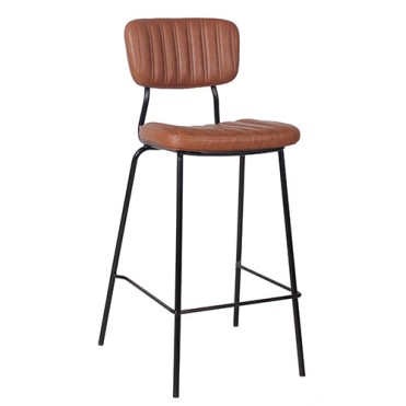 Bar stool for café with black steel frame and Cognac artificial leather