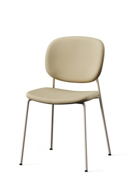 Caféstol. Hvide metalben. Beige kunstlæder på sæde og rygstøtte.
