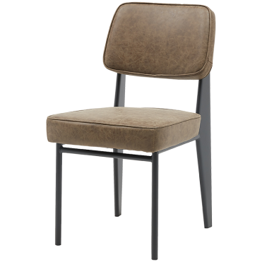 Restaurant chair with black metal frame. Seat and Back upholstered with articificial leather in a brown color.