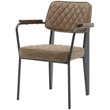 Krēsls ar roku balstiem restorānam. Melns metāla rāmis. PU āda brūnā krāsā uz sēdekļa un muguras.