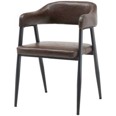 restaurant chair with brown PU leather upholstery and a  steel frame in matte black color