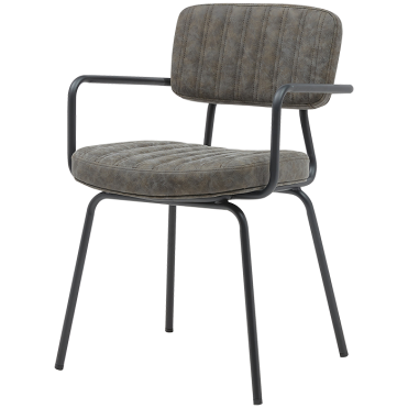 Chair with armrests for cafe. Black Metal Frame. PU leather in dark grey on Seat and Back.