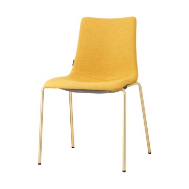 Conference chair with brass coloured legs and yellow fabric on seat