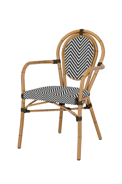 Terrace chair for cafés, bistros and bars. Bamboo-colored frame. Black/White Wicker.