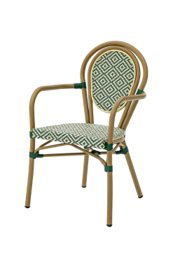 French Bistro chair. For outdoor use. Bamboo color Frame. Green/White wicker.