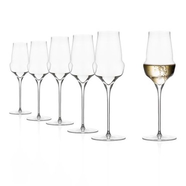 Set of six champagne glasses with a modern design, featuring long stems. One glass is filled with sparkling wine. Ideal for restaurants.