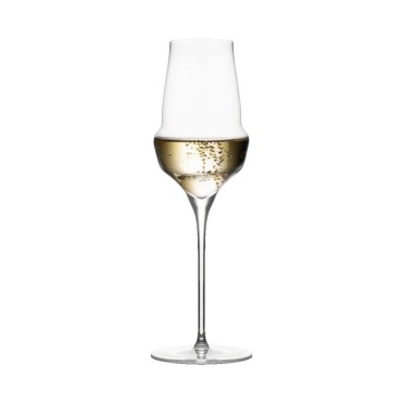 Champagne glass filled with sparkling wine, featuring an elegant, modern shape with a long stem. Suitable for restaurants.