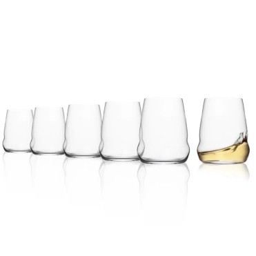 Set of six versatile glasses, one filled with white wine. Suitable for water, juice, or white wine. Ideal for restaurants, bars, and hotels.