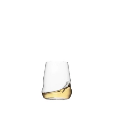 Glass with a modern design, partially filled with white wine. Suitable for water, juice, or white wine. Perfect for restaurants, bars, and hotels.