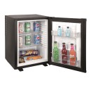 Hotel Minibar with open door showing on display drinks and snacks.