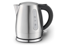 Hotel Kettle in Stainless Steel with black handle and water level indicator. 