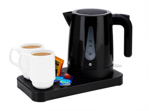Compact Welcome Tray in Black or White. Kettle Included